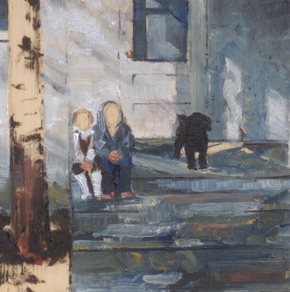 Aboyagirlandadogonaporch_2014_oilonpanel_8.5x8.5_3.5x3.5_PrivateCollection