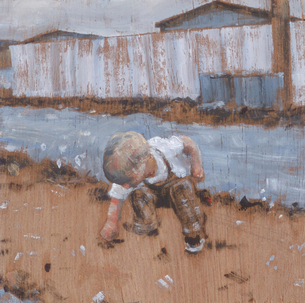 Ayoungboypickingsomethingup_2014_oilonpanel_8.5x8.5_3.5x3.5_PrivateCollection