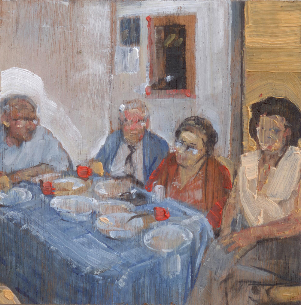 Somepeoplehavingdinner_2014_oilonpanel_8.5x8.5_3.5x3.5_PrivateCollection