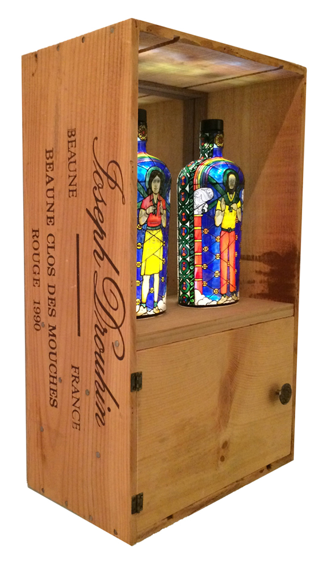 TheApothoesisofEvasionview1_2015_Bulleitbourbonbottleglasspaintfeltmirrorwinecratelights_56x31x20_22x12x8_Available